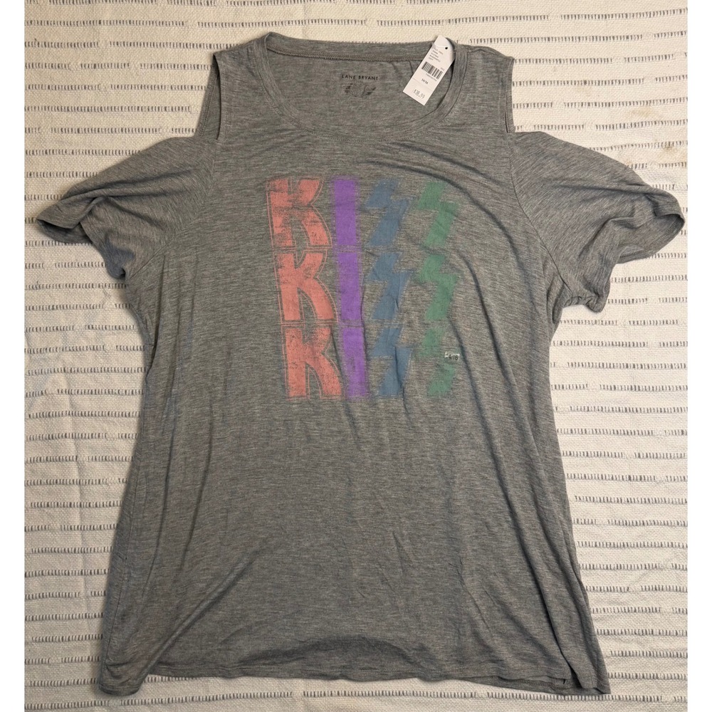 Lane Bryant KISS Rainbow Graphic Cold Shoulder Tee Gray Plus Size 14/16 NWT